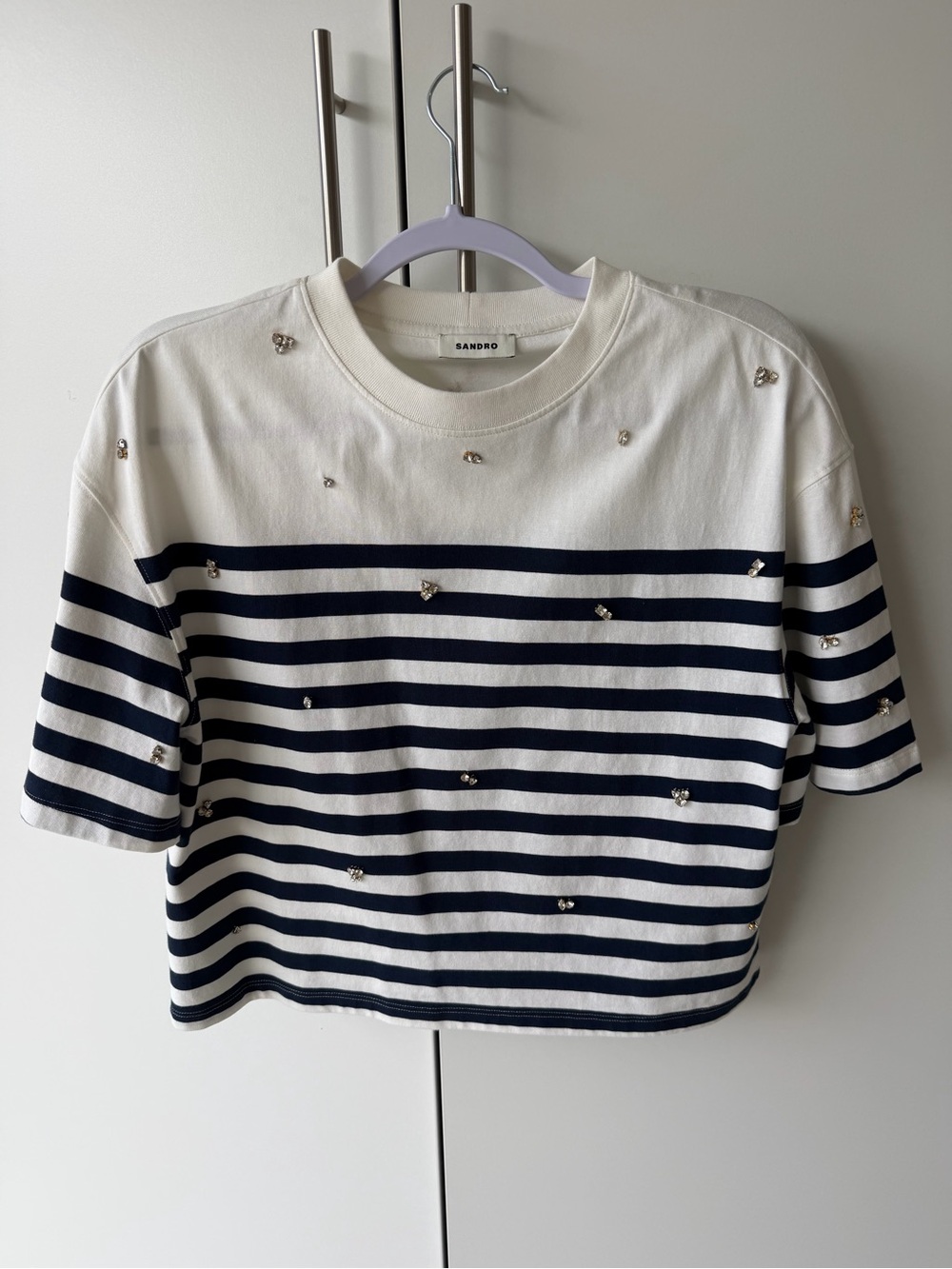 Sandro blue and white stripe tee w crystals